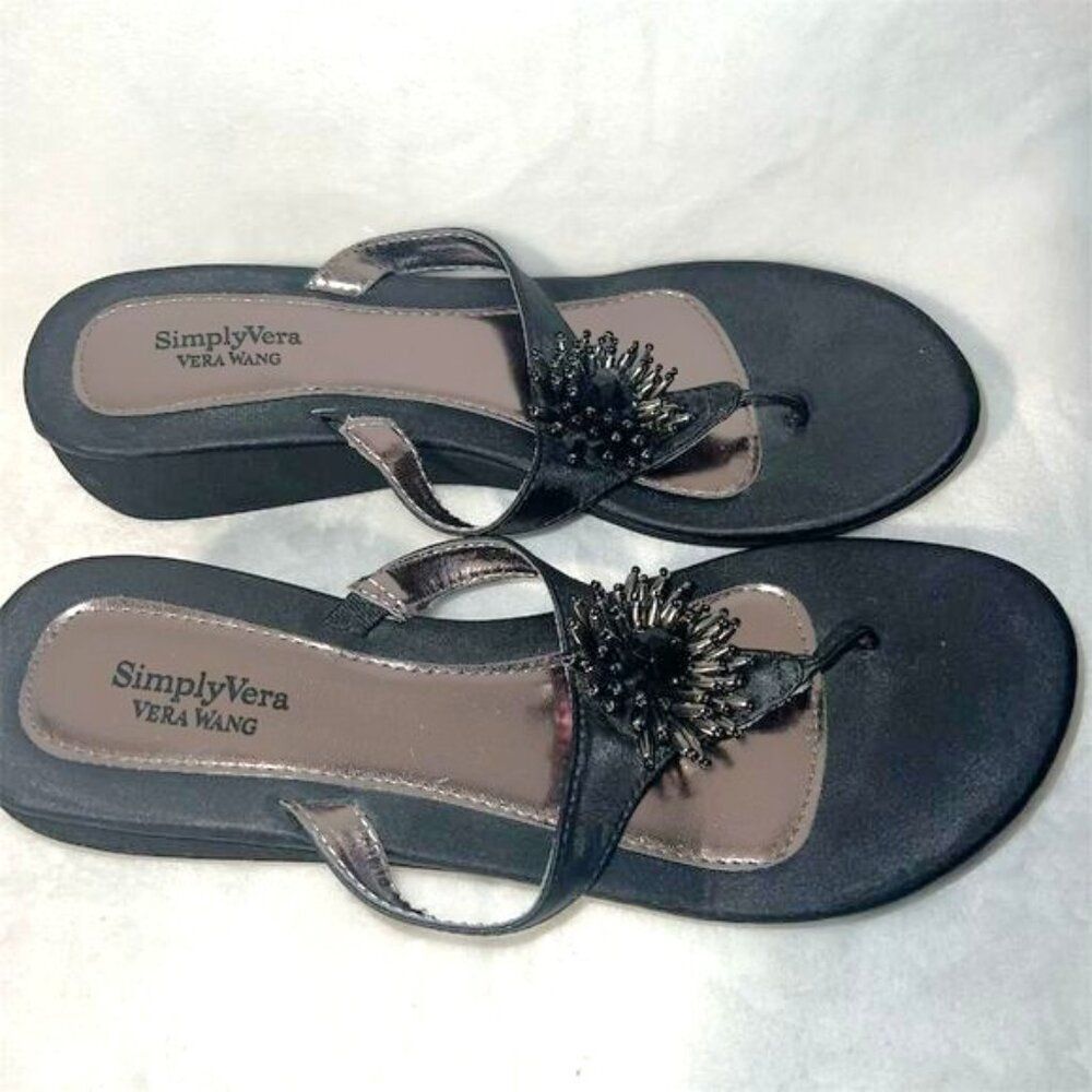 Simply Vera Vera Wang Women's Beaded Thong Wedge Sandals Black Size 7-8 - Picture 3 of 7